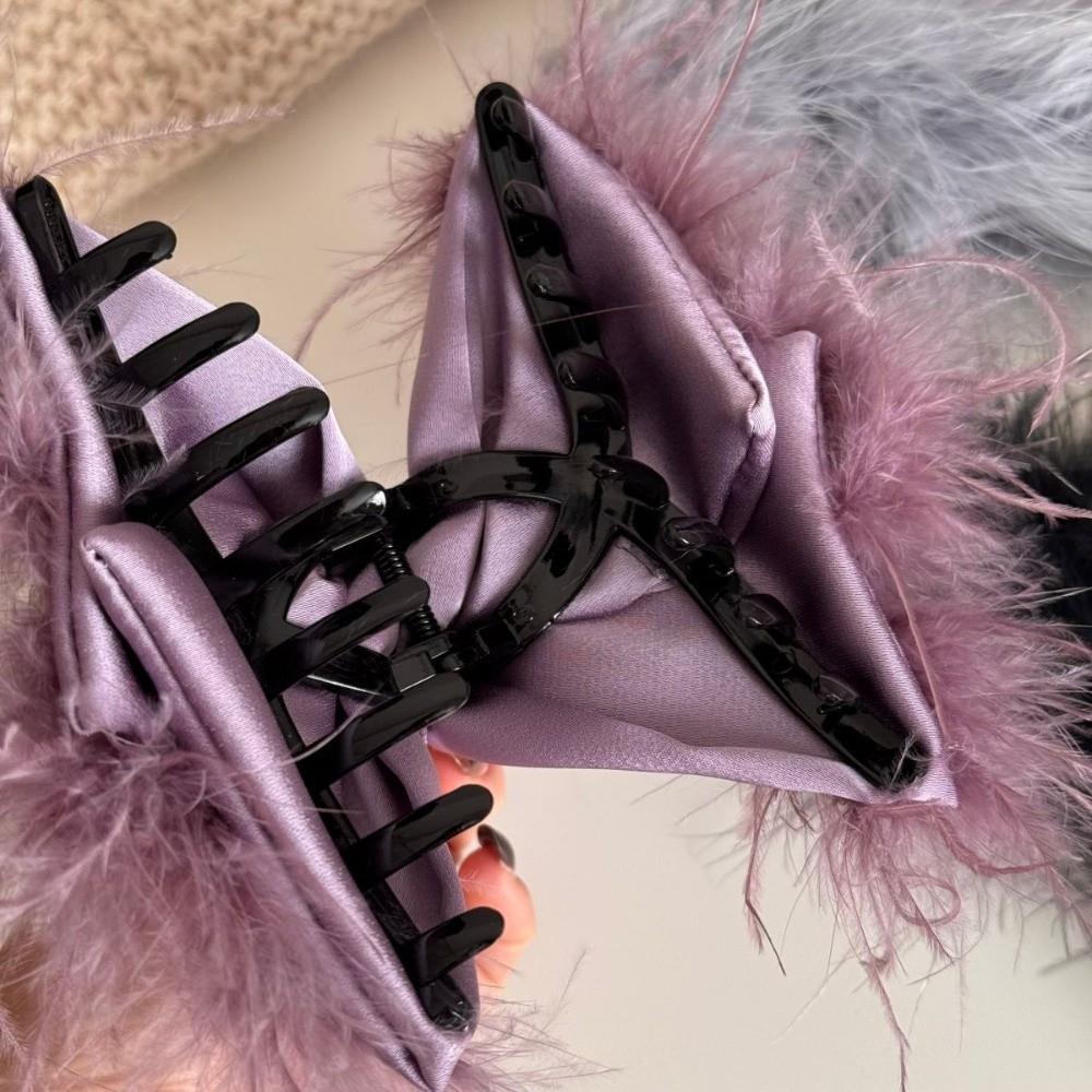 Korean Style Satin Triangle Shark Clip Plastic Women Hairgrips Fluffy Feather Hair Claw  Banquet