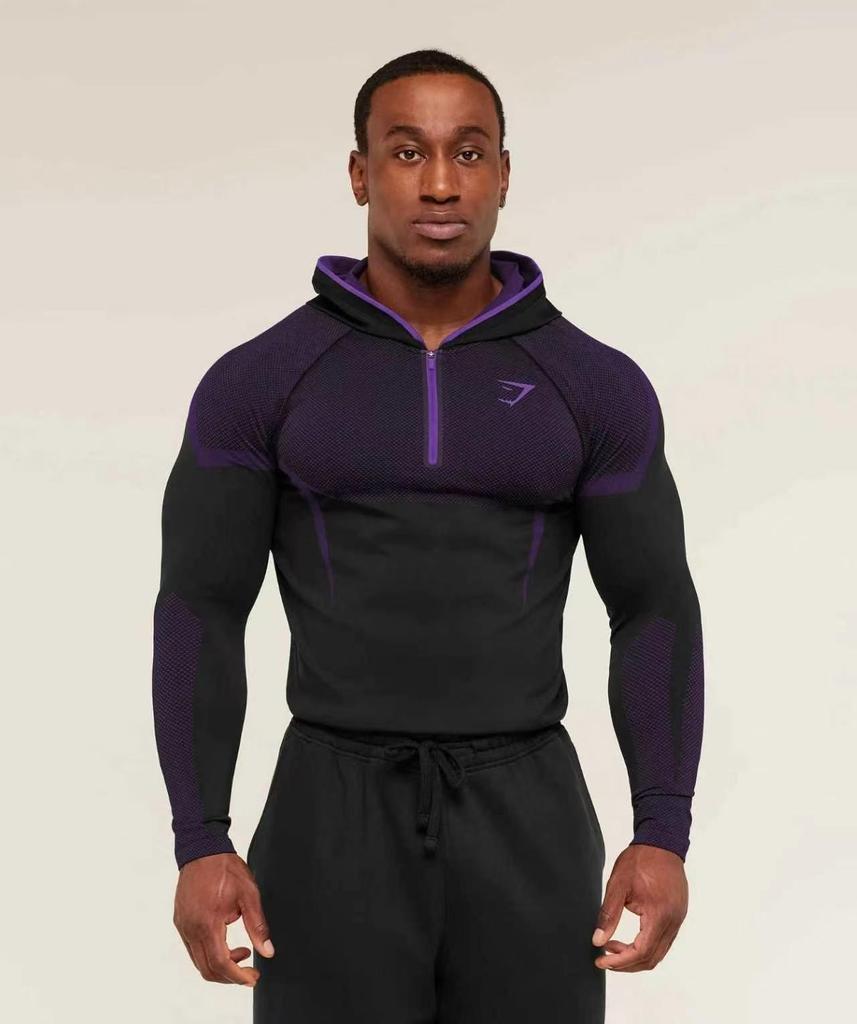 GYMSHARK Men's Onyx High Stretch Long Sleeve Hooded Fitness T-shirt