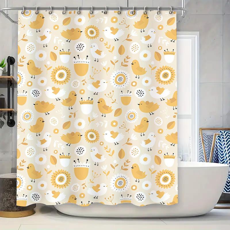 Adorable Birds Sunflower Shower Curtain Waterproof Fabric Bathroom Decor Luxury White Yellow Pattern T120835W146
