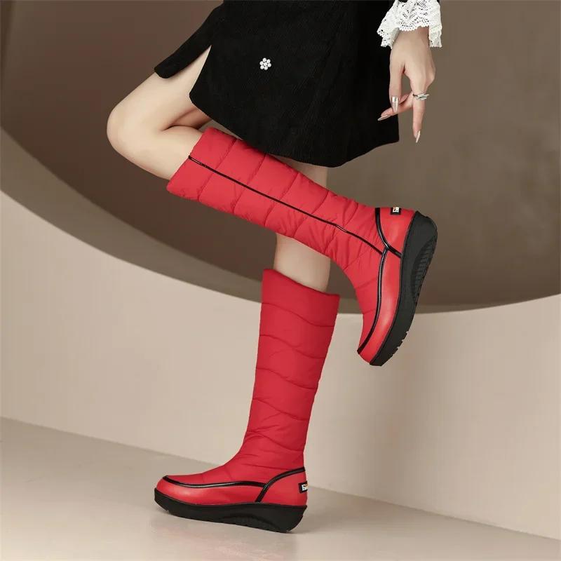 White Winter Warm Fur Knee High Snow Boots Women Red Black Striped PU Waterproof Down Party Lady Wedge Heels Platform Long Boots