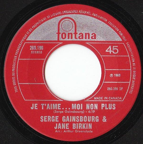 

7inch Record SERGE GAINSBOURG JANE BIRKIN Je TAime...Moi Non Plus Jane B 260196 Fontana 1969 Canada Rock Used