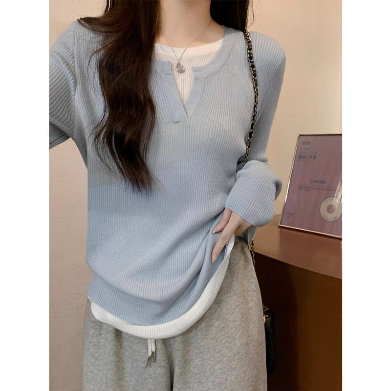 Chic Irregular Saum Damen Frühling und Herbst Break Zweiteiliges Patchwork Langarm T-Shirt Slim-Fit Unterteil Pullover