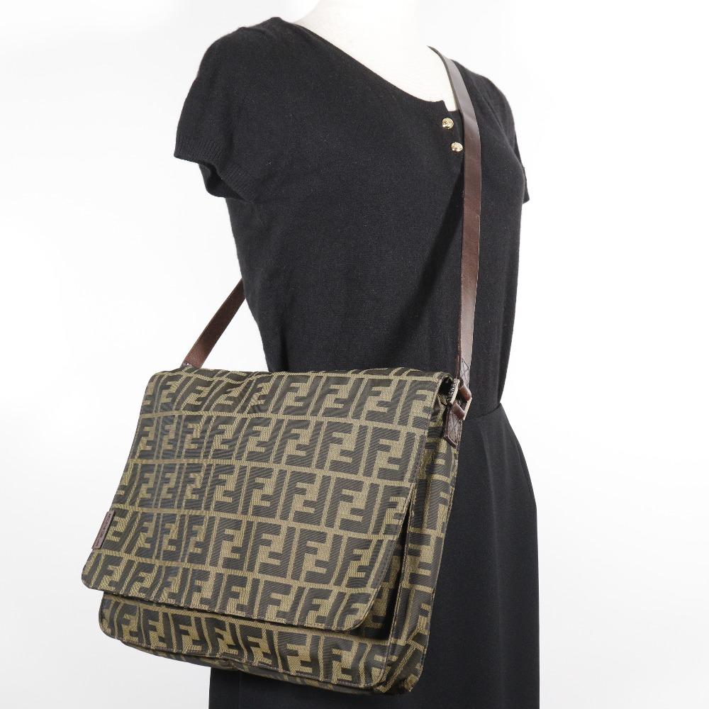 FENDI Zucca Shoulder Bag Brown Nylon canvas unisex Used