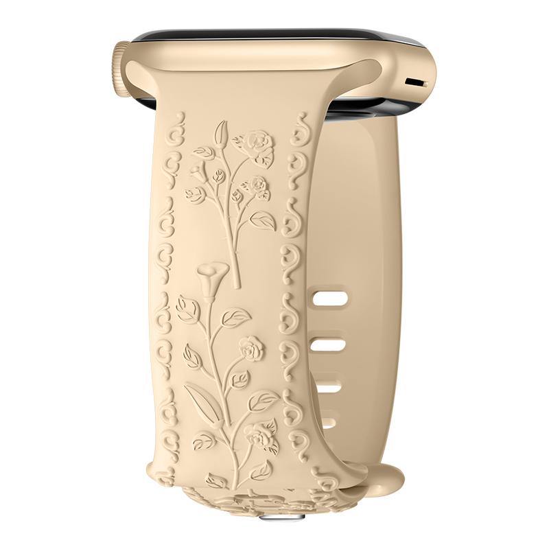 Engraved Strap For Apple Watch Band 42mm 44mm 45mm 41mm 40mm 49mm Silicone Floral Bracelet Correa Series 8 9 7 SE 4 5 6 Ultra 2