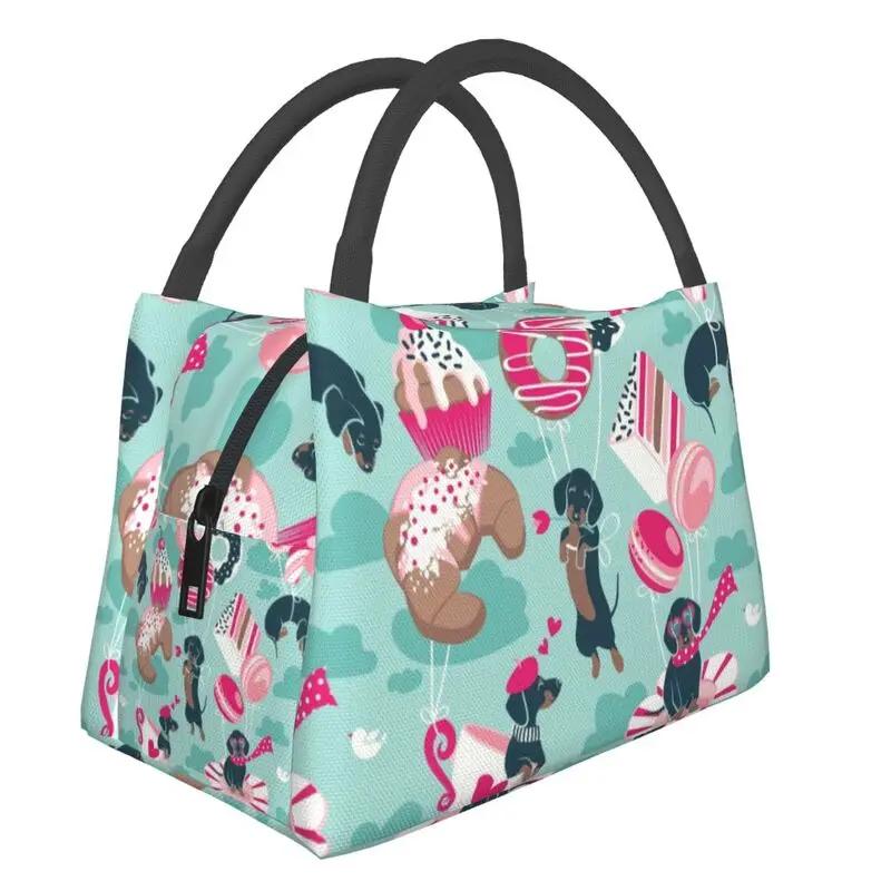 

Милі ізольовані сумки для ланчу з собаками таксами для жінок, портативні термокулери для бенто-боксів для роботи та подорожей 28x17x16CM синій