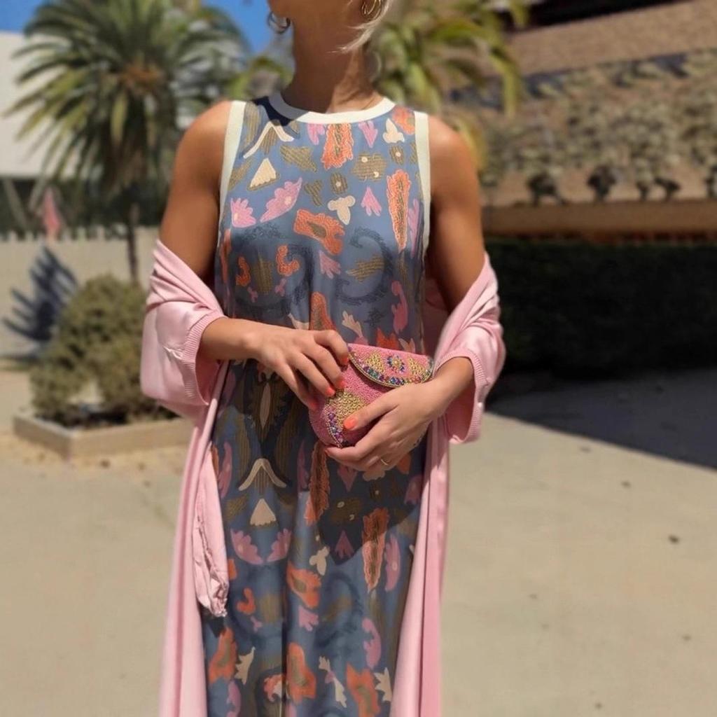 Women's Bohemian Floral Print Sleeveless Dress with Matching Long Red Cape