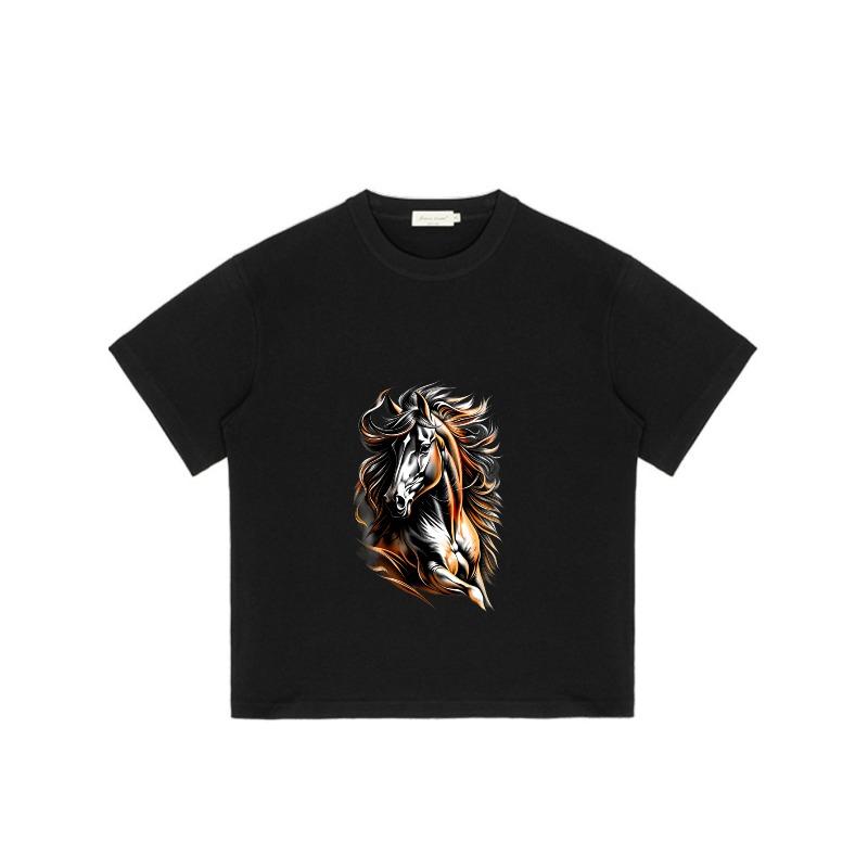 Black T Shirt With Horse Flame Design For Casual Wear