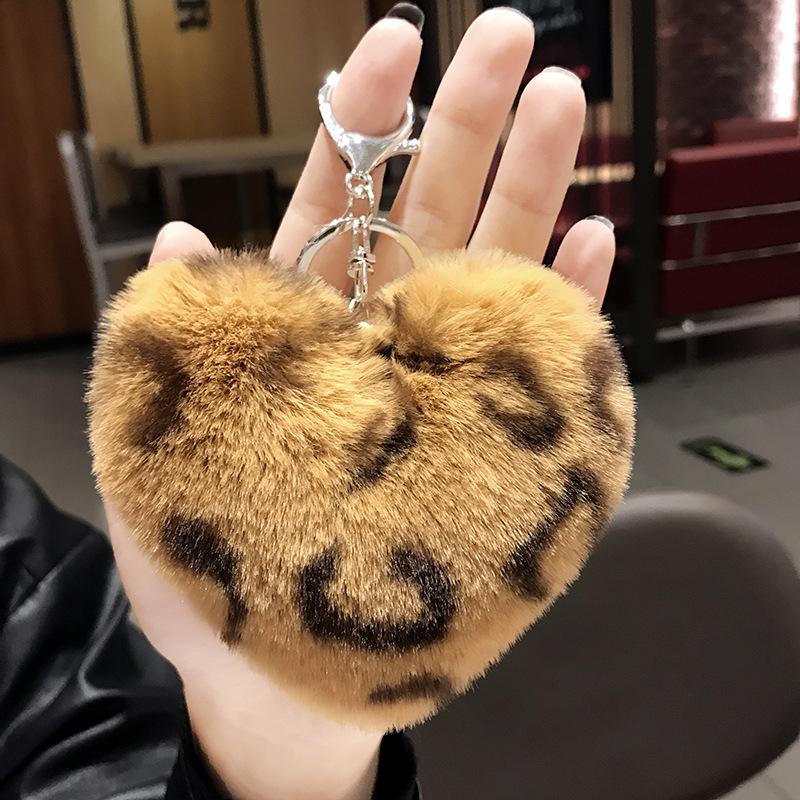 Leopard love plush fur ball keychain car key chain pendant student bags New gifts Heart KeyRing K2403