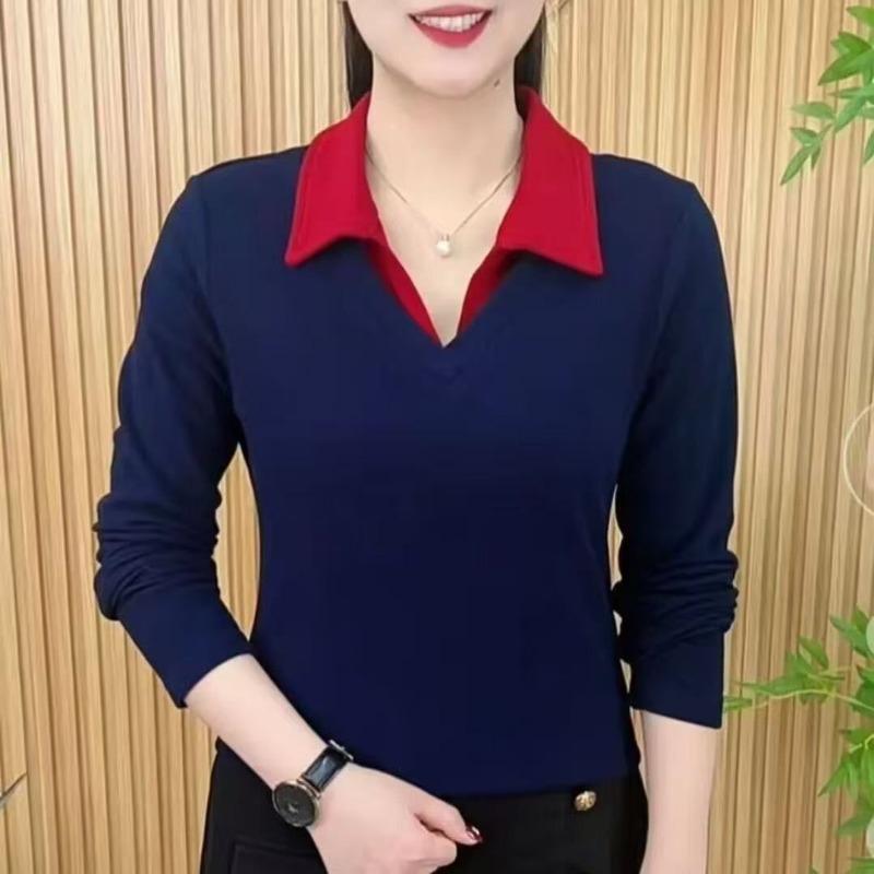 2025 Spring Fashionable Long-sleeved T-shirt Fake Two-piece Lapel Versatile Fashion Casual Top for Women