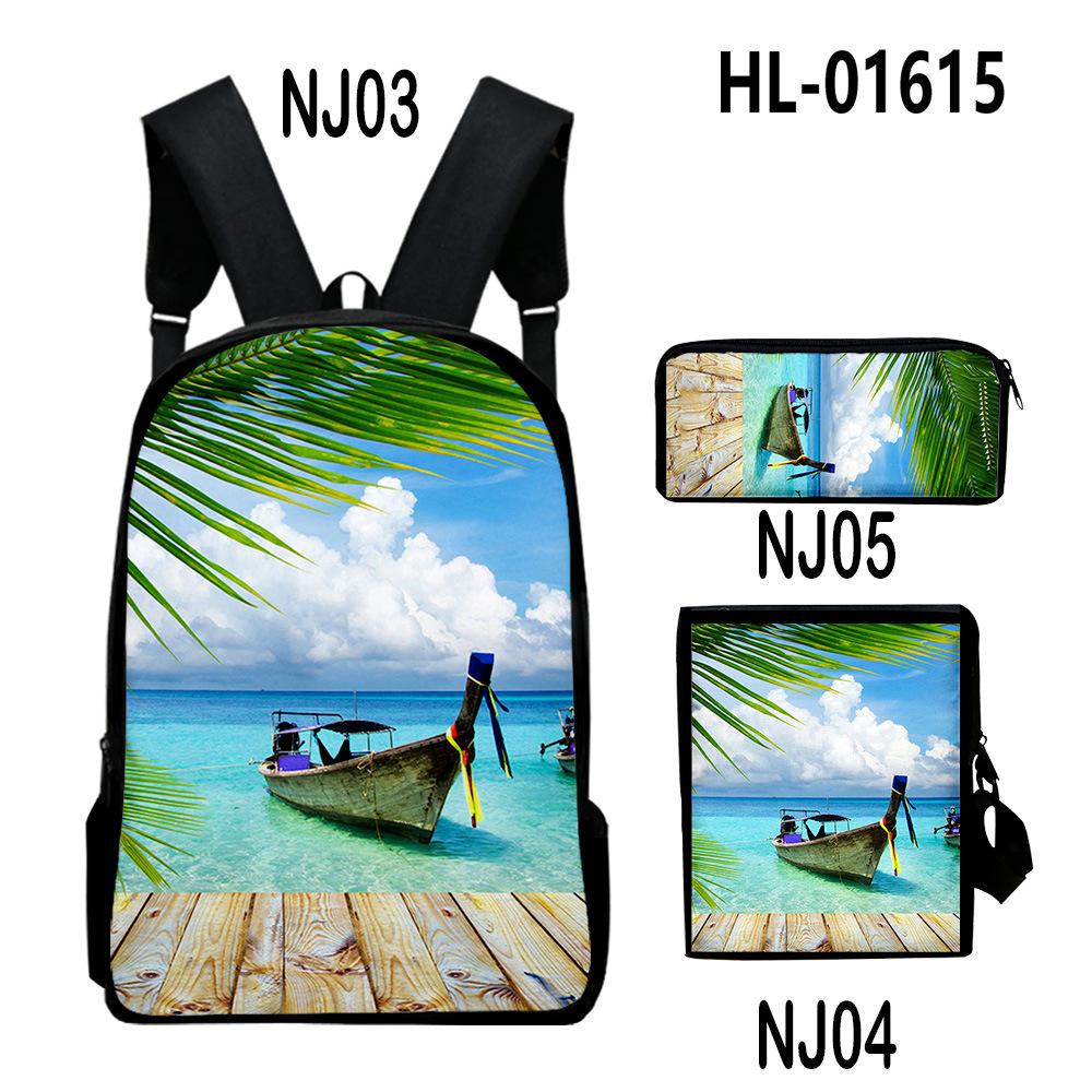 Klassiek Zomers Zeegezicht 3D Print 3 stuks/Set leerling Schooltassen Laptop Dagrugzak Rugzak Schuin gedragen schoudertas Etui