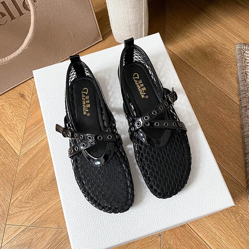 Fashion Air Mesh Breathable Ballet Flats Women Fashion Rivet Belt Buckle Design Flat Shoes for Women Light Cozy Summer Casual Sneakers