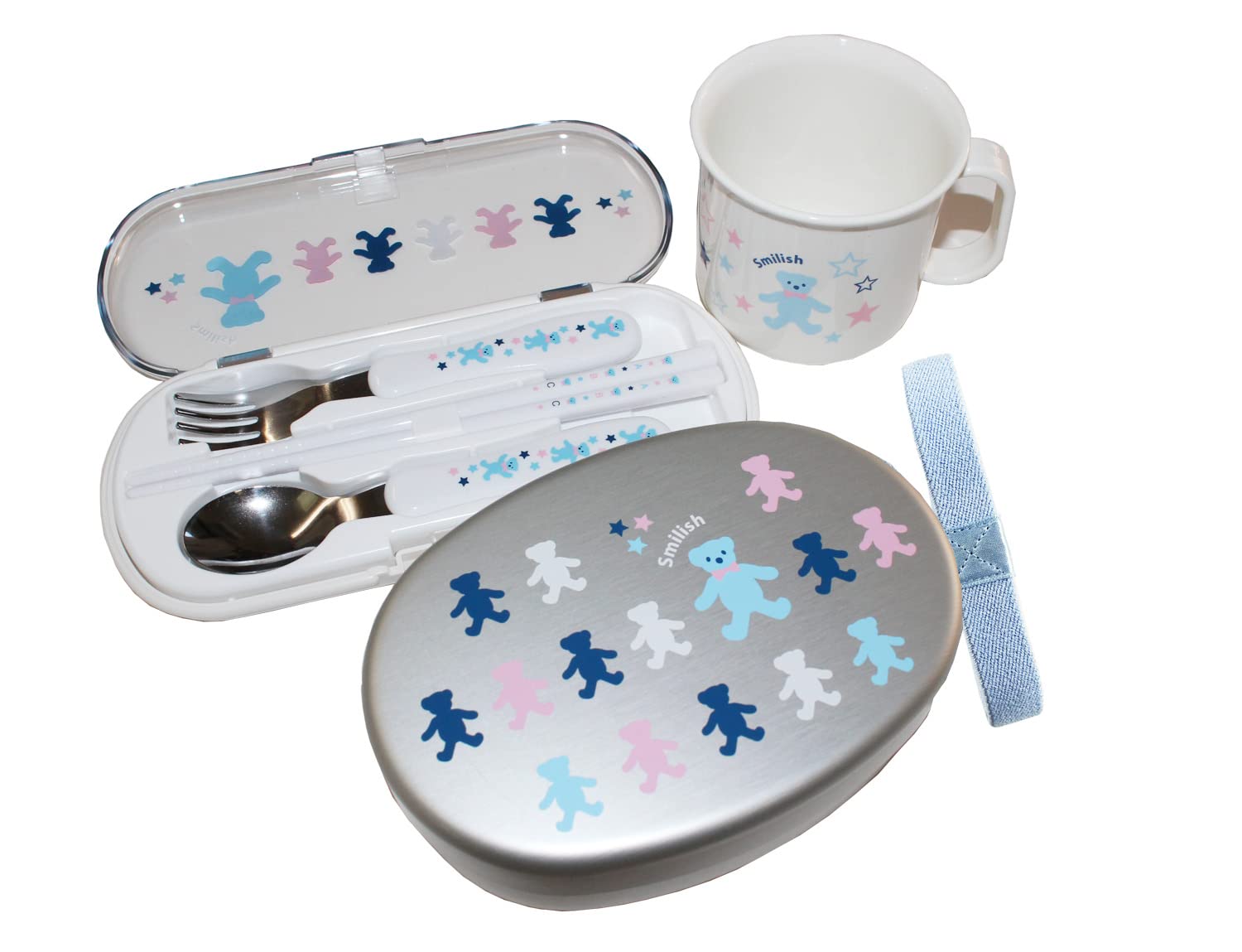 

3-Piece Lunch Set for Kindergarten (Aluminum Lunch Box with Inner Lid, Cutlery Set, Heat-Resistant Cup) ABC Bear Pattern