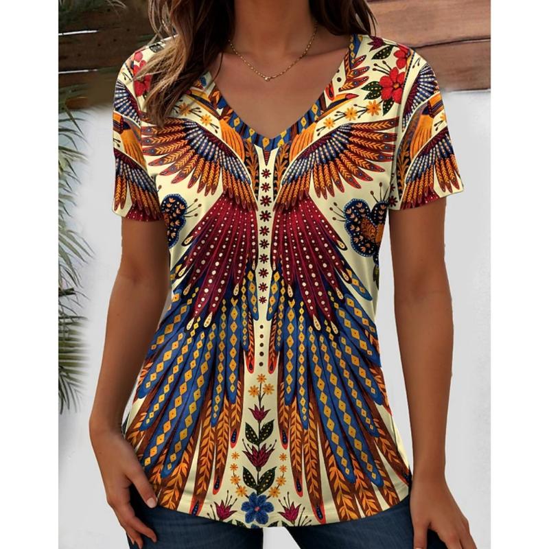 Harajuku Wind Ladies V-neck T-shirt Summer Outdoor Casual Short Sleeve Tops Retro Street Flower Print OverSize Women's Clothing