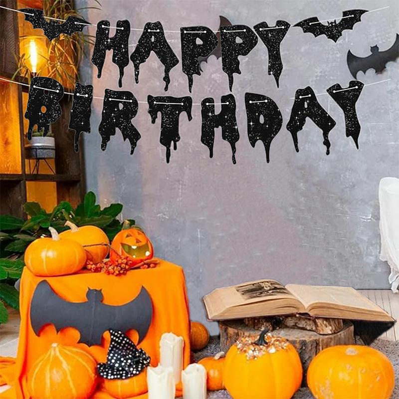 Glitzerndes Happy Halloween Papierbanner Schwarze Fledermaus Hängegirlande Flagge Halloween Party Dekoration für Zuhause Horror Requisiten Kindergeschenk