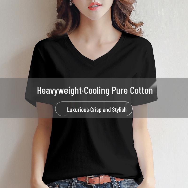 

Женская футболка с V-образным вырезом из тяжелого хлопка с охлаждающим эффектом, Новинка Лето 2025, Однотонный трендовый топ с коротким рукавом. 3XL