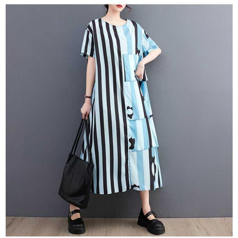 Robe Patchwork en Mousseline Rayée pour Femme, Ample, Décontractée, Jupe Mi-longue Tendance