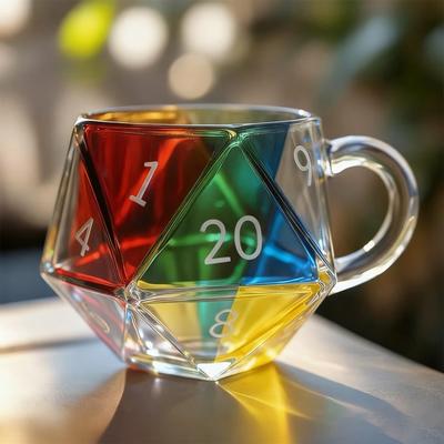 Rainbow D20 Dice Mug with Handle Colorful Polyhedral Glass Coffee Cup for Gamers Unique Gift for Tabletop RPG Fantasy Enthusiasts