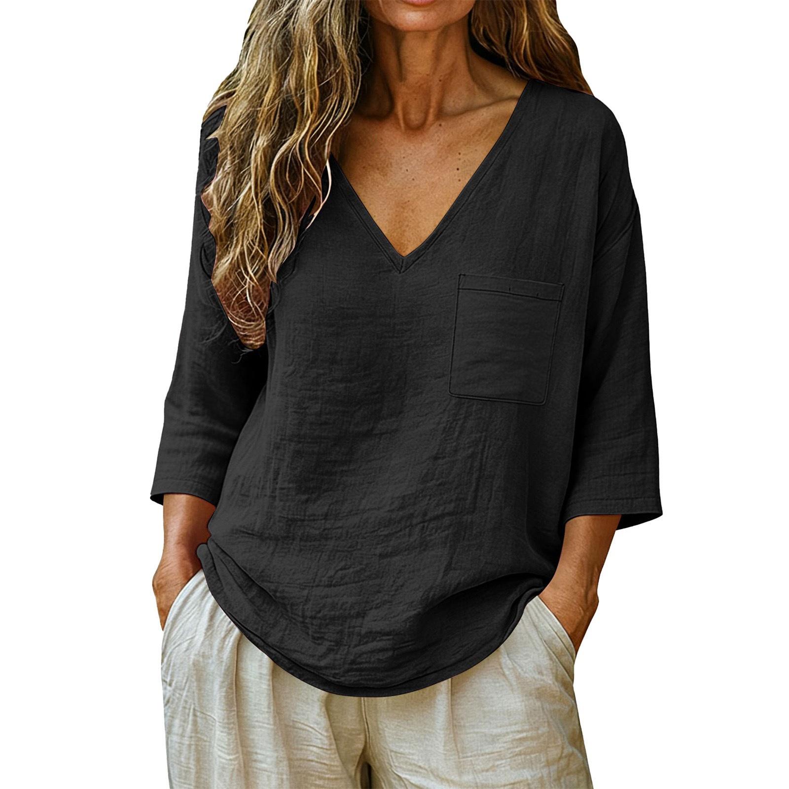 

Women s Fashionable Loose-Fit Cotton-Linen V-Neck Casual Pullover With 3/4 Sleeves L чёрный