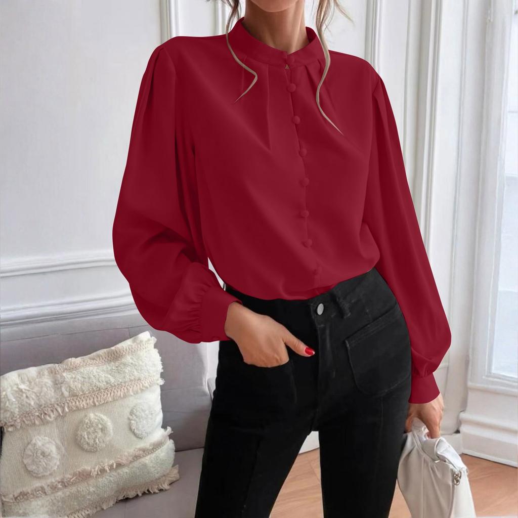 Ladies Elegant Solid Color Lapel Long Sleeve Single Breasted Loose Top