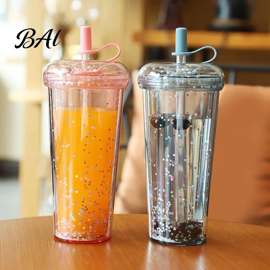 Sparkling Sequin Sensory Cup Transparent Straw Cup, with Sequins Decor And Leak Proof Handheld Drinkware for Campus Lid, Reusable Plastic Sippy