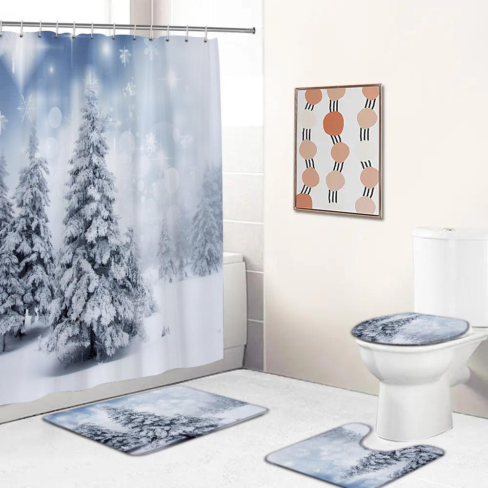 Snow Cedar Landscape Christmas Bathroom Shower Curtain Set Waterproof Bathtub Curtains Toilet Cover Mat Non Slip Rug Set