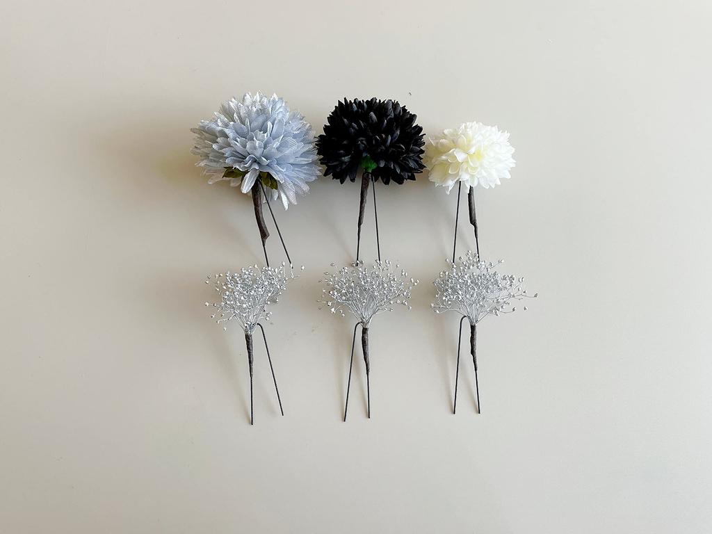 Japanese Style Hair Ping Pong Mum and Silver Black Ornament, Gypsophila,