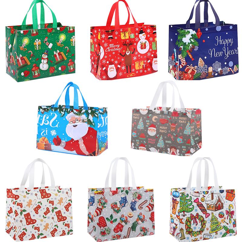 1pcs Christmas Tote Bags with Handles Xmas Non-Woven Gifts Bags Santa Snowman Treat Bags Party Decorations