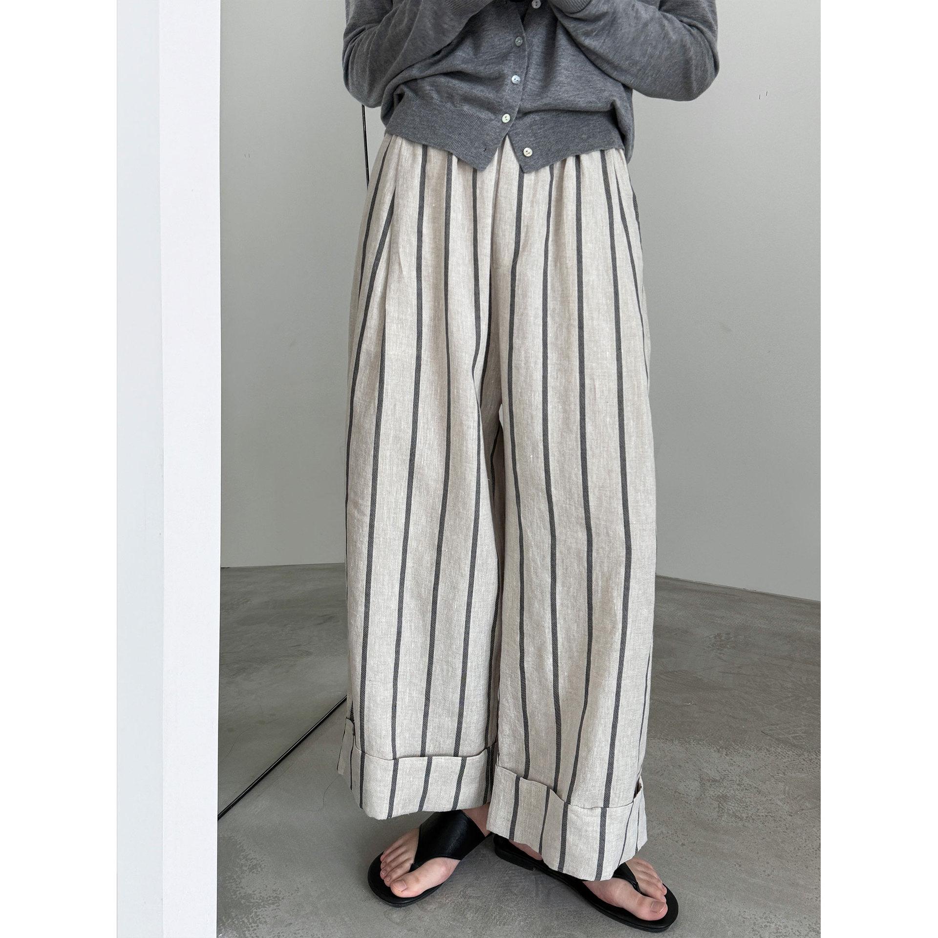 Lu Xi Japanese Retro Linen Striped Wide-Leg Pants - Spring 2026 M