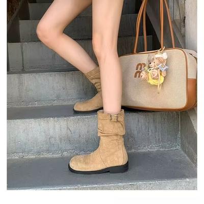2024 Autumn and Winter New Retro Korean Version Pleated Piled Boots Comfortable Thick-soled Martin Boots Wear Thin Boots