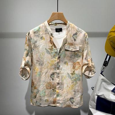 Herren Trendiges Vintage Floral Print Stehkragen Streetwear Hemd Sommer Lässig Kurzarm Locker Oberteile