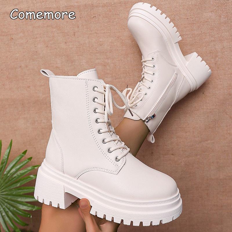 Fashion Women's Winter Warm Short Plush Ankle Boots Comfy Pu Leather High Heels Botas Mujer Fashion Lace Up Zip Platform Modern Boots