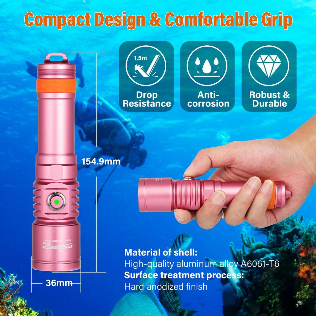 ORCATORCH D710 Underwater Diving 3000 150 Meters Underwater Light, Lumens, IP68, (Pink)