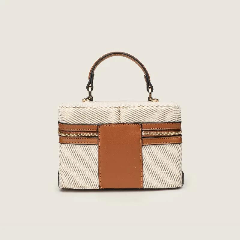 Trend Design Women's Small Square Box Bag  Fashion Canvas Patchwork Leather Double Zipper Crossbody Single Bag High Quality
