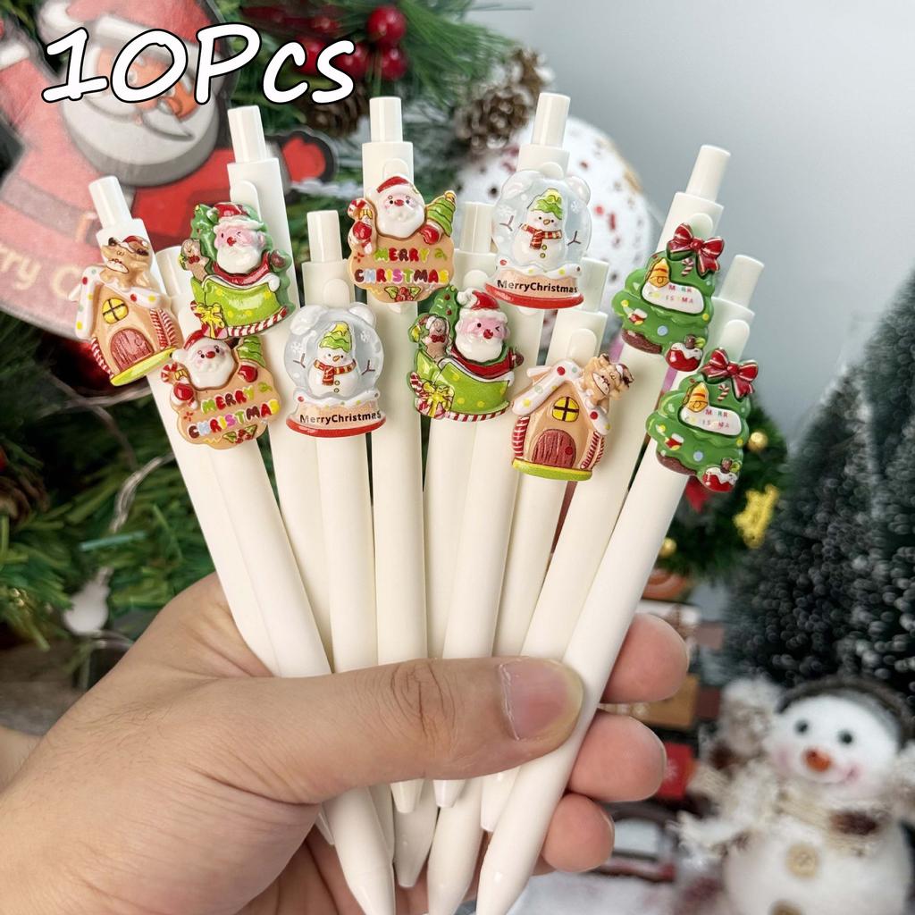 10Pcs Creative White Christmas Shape Patch Press Ballpoint Pen Cartoon Press Pen Holiday Gift Novelty Stationery Teacher Party Favors Back To School