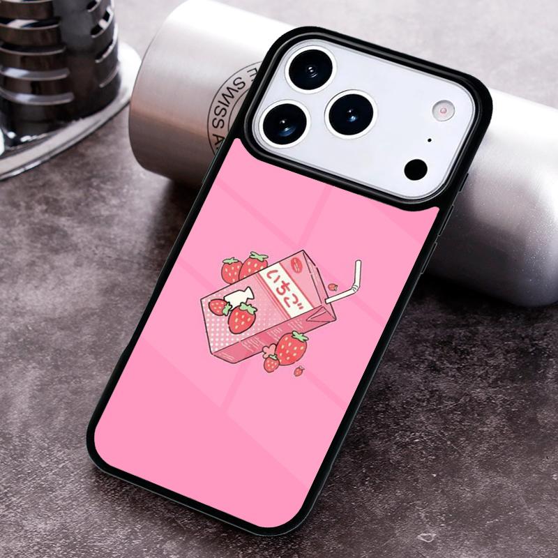 Kawaii Strawberry Milk Phone Case for iPhone 17 16 15 Pro Max Air 14 13 12 11 Plus Shockproof Cover