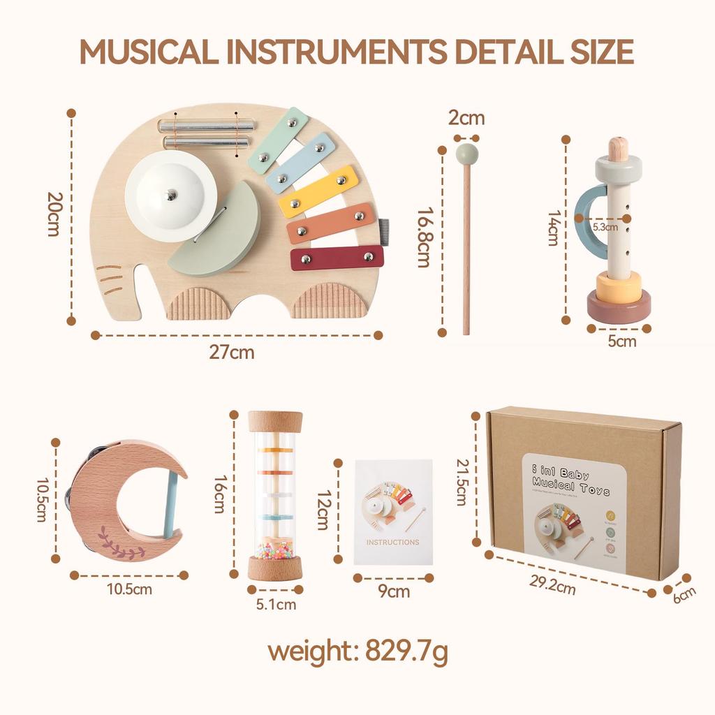 Promise Babe Musical Instrument Montessori Percussion for Pretend Educational Fingertip Ages Baby Shower 4-Piece Set, Rainmaker, Glockenspiel, Chimes,