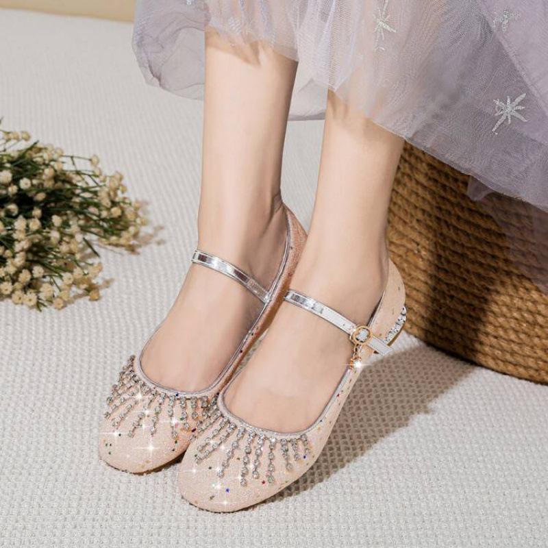 Four seasons wear girls single shoes sweet college buckle beef tendon soft sole older children sequined crystal shoes new children's leather shoes