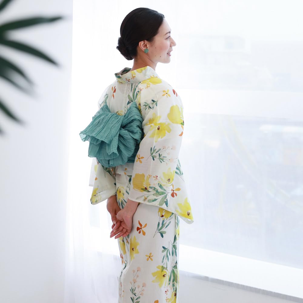 Kyoto Kimono Yuzen Women's Yukata and Obi Set, 2-Piece, Floral Print, Summer Kimono (Yellow)