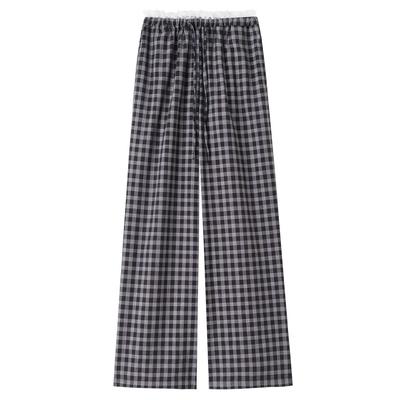 Korean Lace Plaid Casual Pants for Women In Summer Loose Wide-leg Pants for Slim High Waist Straight Floor Trousers