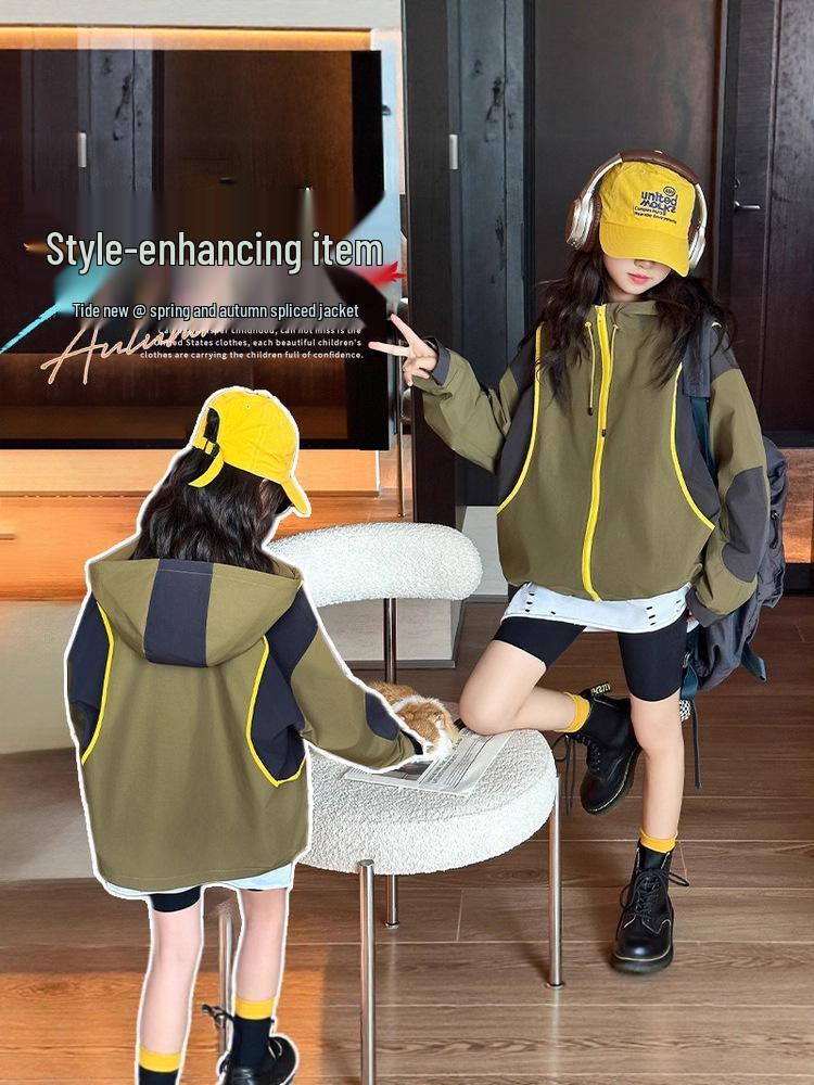 Flickors färgblocksvindjacka - Vår/Höst 2025, Med huva, Vindtät, För mellanstora och stora barn