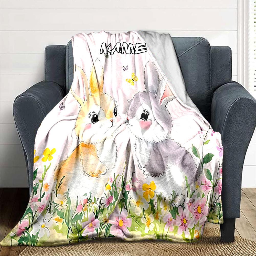 Adorable Bunnies In A Floral Garden Throw Customizable Blanket Customize Text Comfortable Texture Throw For Sofa Couch Office Bed Picnics Four Seasons
