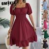 GMXIA Spring and Summer Casual Square-neck Short-sleeved, Waist-cinched, Ruffled A-line Skirt Women's Clothing