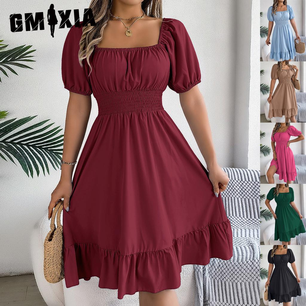 GMXIA Spring and Summer Casual Square-neck Short-sleeved, Waist-cinched, Ruffled A-line Skirt Women's Clothing