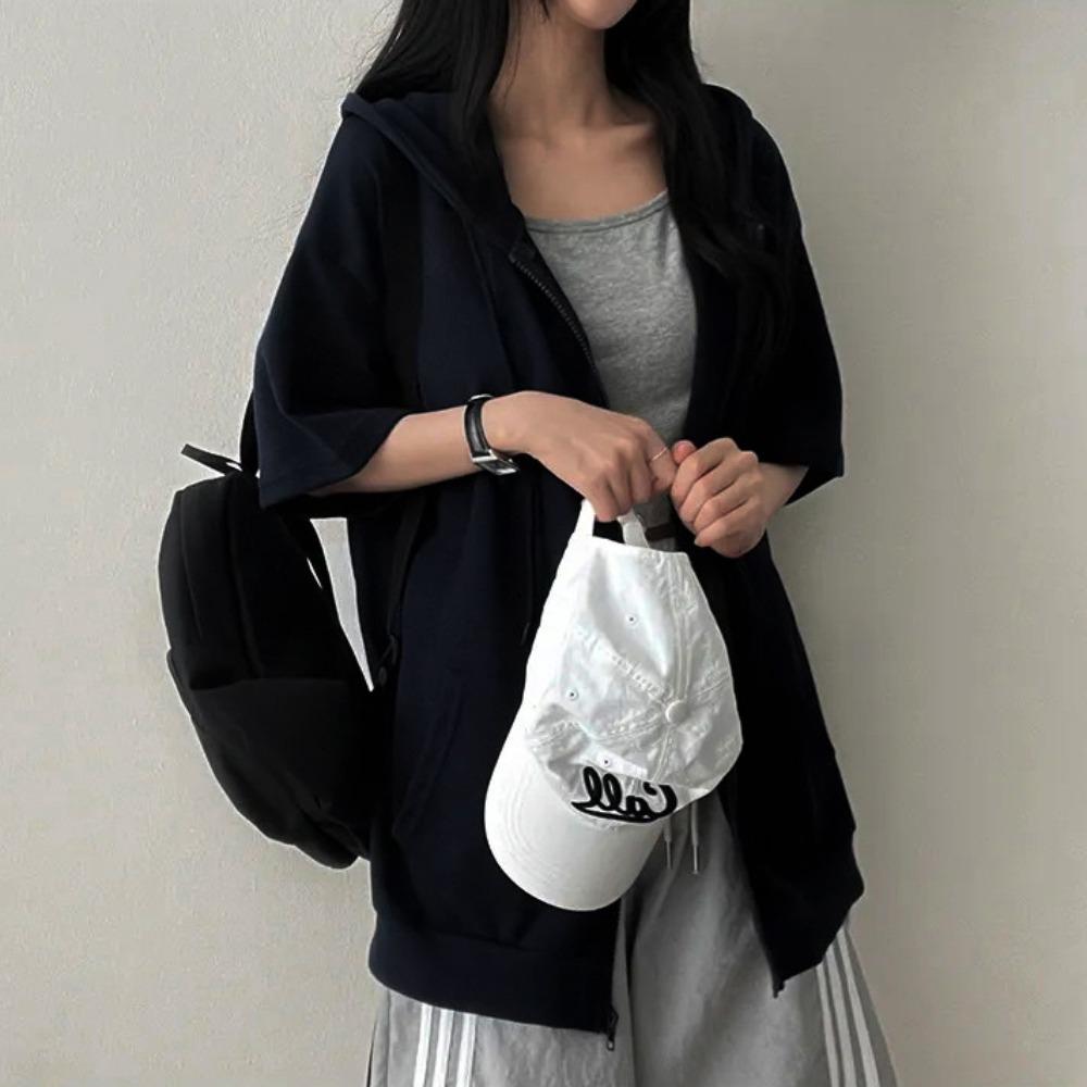 Women's Hooded Short Sleeve Cardigan Loose Fit Lazy Style Zip Up Jacket Casual Sweatshirt Top