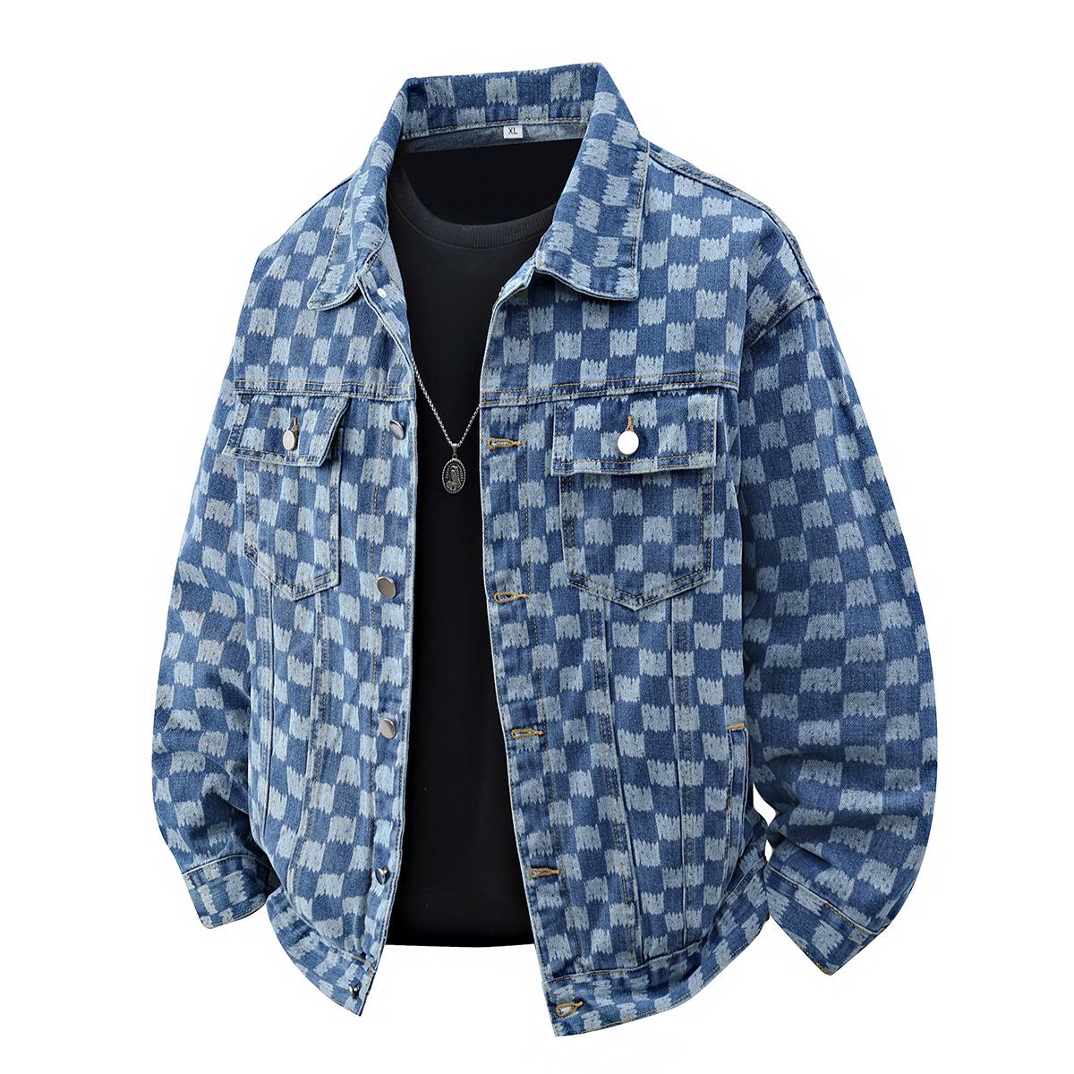 2025 Men s Plaid Denim Jacket: Loose Fit Korean Style Youth Top, Long Sleeve Autumn Outerwear. 2XL