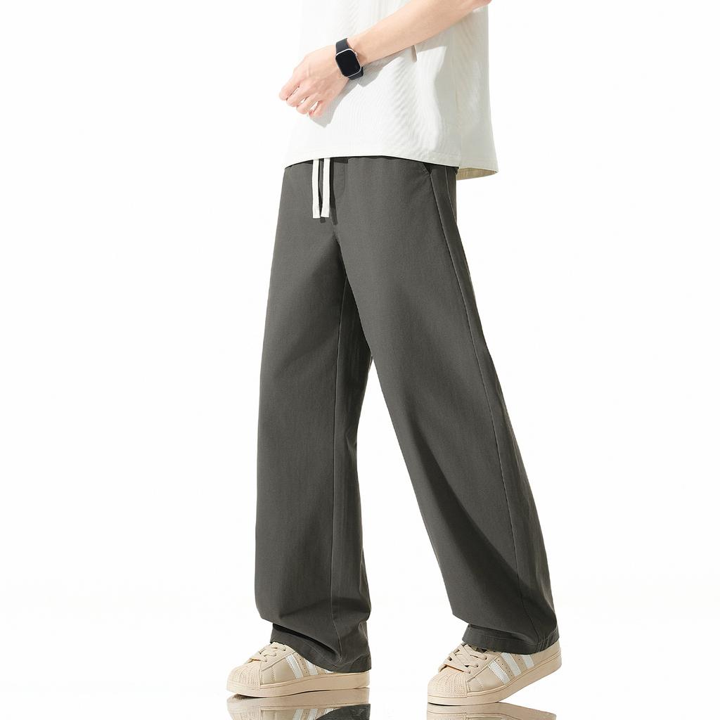 Solid Color Simple and Versatile Loose Straight Elastic Waist Long Pants Men's Trendy Wide Leg Drape Small Scimitar Casual Pants
