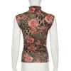 Women's Vintage Floral Print High Neck Sleeveless Spice Girls Street Clashing Colour Niche Pleated Waist Slimming Tank Top