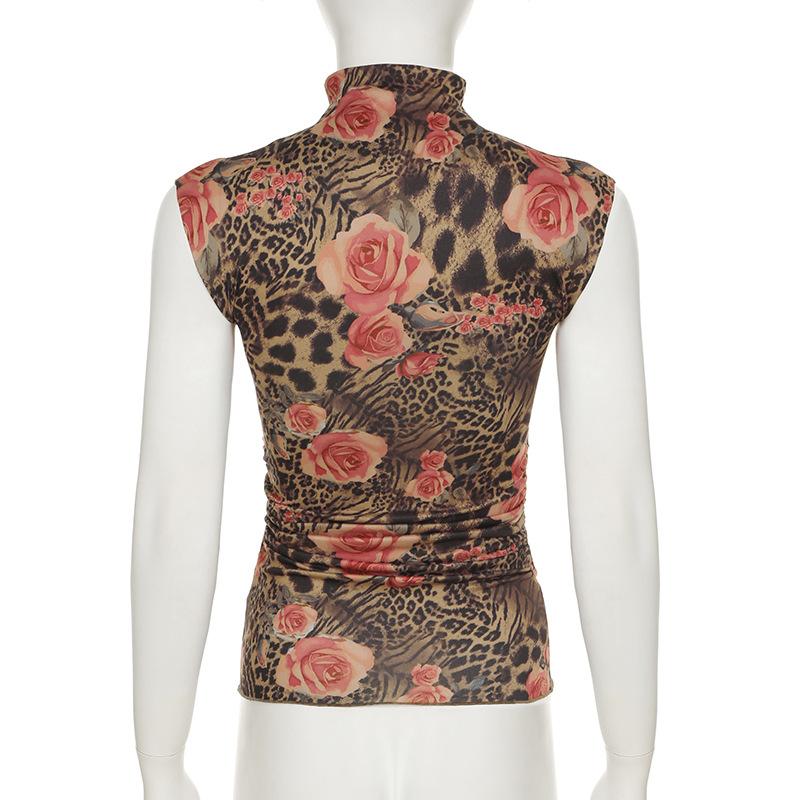 Women's Vintage Floral Print High Neck Sleeveless Spice Girls Street Clashing Colour Niche Pleated Waist Slimming Tank Top