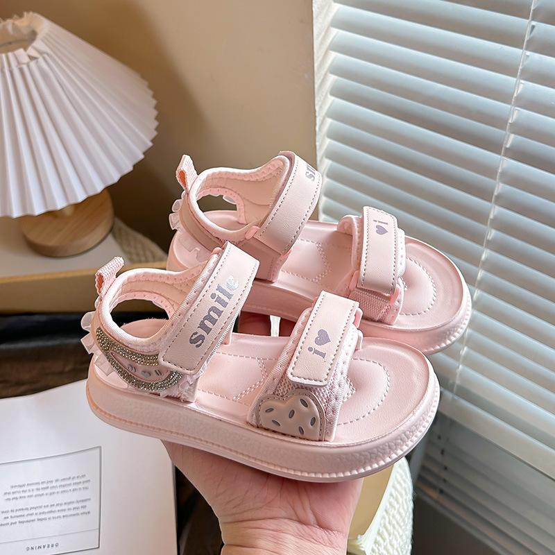 

Girls Heart-Shaped Rhinestone Letter Open-Toe Sandals2026New Spring and Summer Children s Lace Princess Beach Shoes 21-25Code one hand5Double рожевий