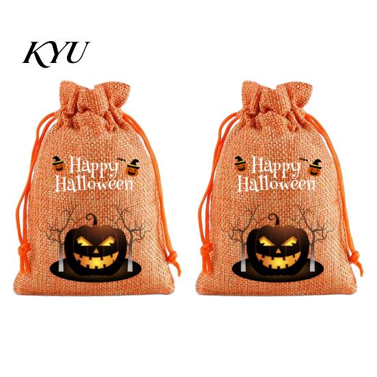 Lightweight Candy Carriers 2Pcs Halloween Pumpkin Drawstring Bags for Treats, Retro Burlap Pattern Party Favors Trick or Treat Bags, Portable